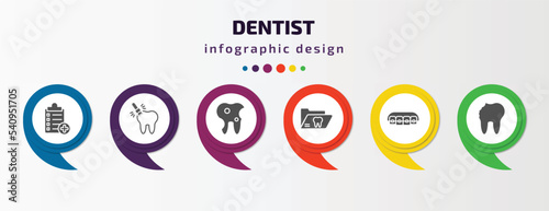 dentist infographic template with icons and 6 step or option. dentist icons such as medical list, sealants, bicuspid, dental folder, lingual braces, cavity vector. can be used for banner, info