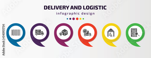 delivery and logistic infographic template with icons and 6 step or option. delivery and logistic icons such as barcode, transportation, delivery shield, time, warehouse, waybill vector. can be used