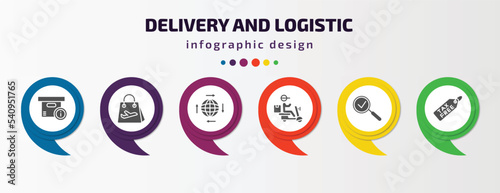 delivery and logistic infographic template with icons and 6 step or option. delivery and logistic icons such as delivery info, duty free, distribution, by motorcycle, inspection, tax free vector.
