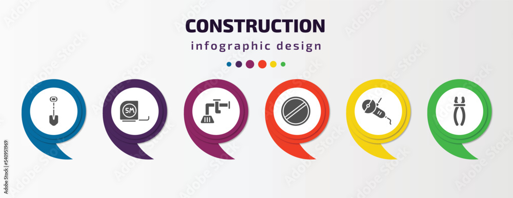 construction infographic template with icons and 6 step or option. construction icons such as interior de, five meters ruler, adjusment system, stopping, angle grinder, inclined clippers vector. can