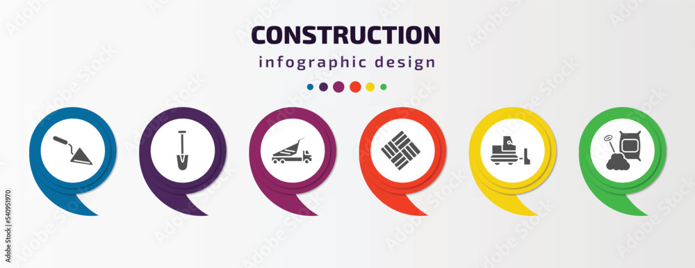 construction infographic template with icons and 6 step or option. construction icons such as construction palette, short shovel, dump truck, paver, little snowplow, cement vector. can be used for construction infographic template with icons and 6 step or option. construction icons such as construction palette, short shovel, dump truck, paver, little snowplow, cement vector. can be used for