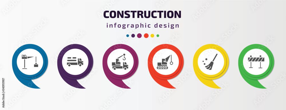 construction infographic template with icons and 6 step or option. construction icons such as big derrick with boxes, truck with load, truck crane, demolition, sweeping broom, road barrier vector. construction infographic template with icons and 6 step or option. construction icons such as big derrick with boxes, truck with load, truck crane, demolition, sweeping broom, road barrier vector.