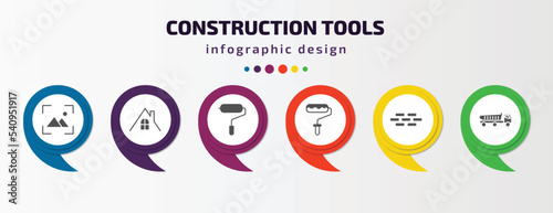 construction tools infographic template with icons and 6 step or option. construction tools icons such as wallpaper, roof, paint roller, painter roller, brick, dumper vector. can be used for banner,
