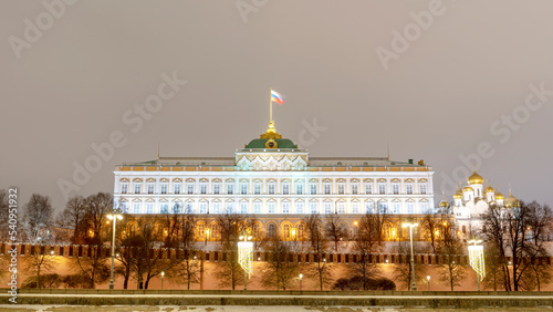 Moscow, Russia January 8, 2022: Moscow Kremlin illuminated on a winter evening