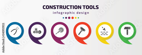 construction tools infographic template with icons and 6 step or option. construction tools icons such as repair pliers, road roller, polishers, sledge hammer, construction works, brick hammer