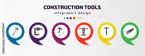 construction tools infographic template with icons and 6 step or option. construction tools icons such as antique key, cordless drill, hammer and nail, rammer, boning rod, hand saw vector. can be