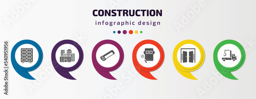 construction infographic template with icons and 6 step or option. construction icons such as big clo, , hacksaw, welding, doors open, crane truck vector. can be used for banner, info graph, web,
