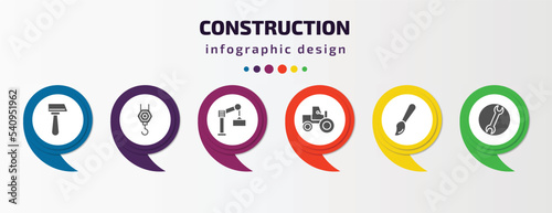 construction infographic template with icons and 6 step or option. construction icons such as inclined hammer, pulley hook, derrick with boxes, steamroller, brush, round wrench vector. can be used