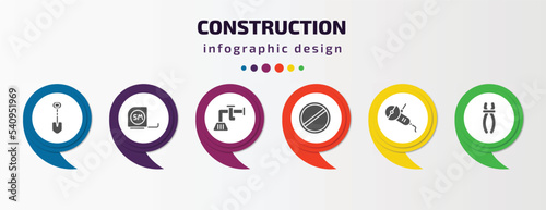 construction infographic template with icons and 6 step or option. construction icons such as interior de, five meters ruler, adjusment system, stopping, angle grinder, inclined clippers vector. can