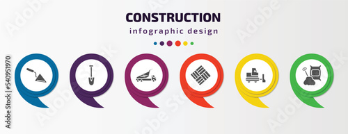 construction infographic template with icons and 6 step or option. construction icons such as construction palette, short shovel, dump truck, paver, little snowplow, cement vector. can be used for