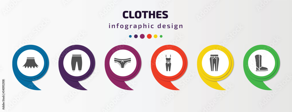 clothes infographic template with icons and 6 step or option. clothes icons such as circle skirt, harem pants, panties, jumpsuit, pegged pants, wool boots vector. can be used for banner, info graph, clothes infographic template with icons and 6 step or option. clothes icons such as circle skirt, harem pants, panties, jumpsuit, pegged pants, wool boots vector. can be used for banner, info graph,