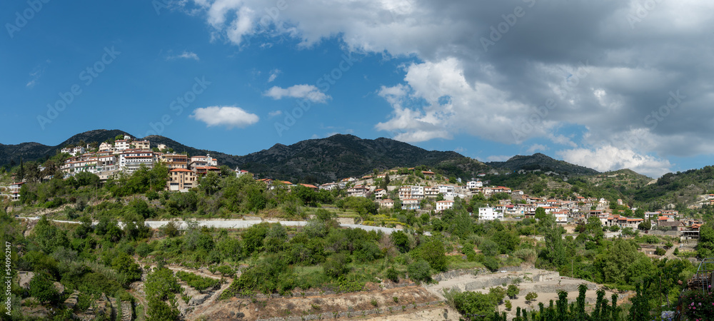 Aerial drone scenery of mountain traditional village of Agros. Troodos mountains Cyprus