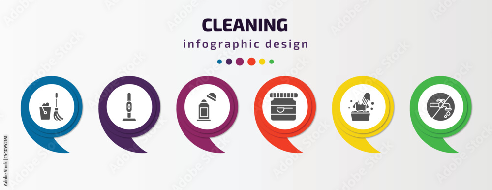 cleaning infographic template with icons and 6 step or option. cleaning icons such as mop, vacuum cleanin, deodorizer, baking soda, washing clothes, no water cleanin vector. can be used for banner, cleaning infographic template with icons and 6 step or option. cleaning icons such as mop, vacuum cleanin, deodorizer, baking soda, washing clothes, no water cleanin vector. can be used for banner,