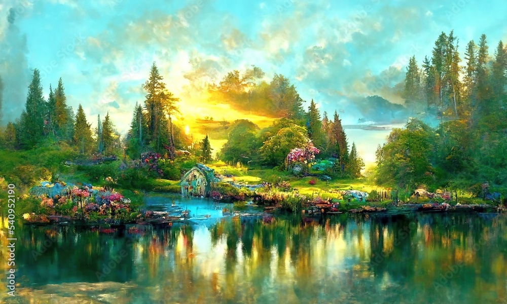 Fototapeta premium Green forest against sunset in turquoise tones. Rural beautiful landscape with grass, flowers and trees reflecting in a water. Digital painting illustration.