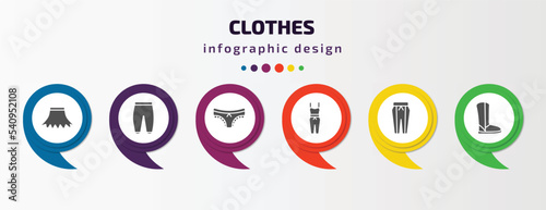 clothes infographic template with icons and 6 step or option. clothes icons such as circle skirt, harem pants, panties, jumpsuit, pegged pants, wool boots vector. can be used for banner, info graph,