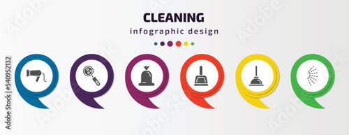 cleaning infographic template with icons and 6 step or option. cleaning icons such as hairdryer cleanin, hygroscopic, trash bag, dust pan, plunger, spray vector. can be used for banner, info graph,