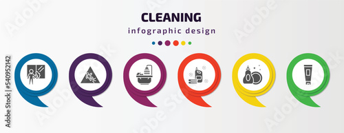 cleaning infographic template with icons and 6 step or option. cleaning icons such as window cleaner, wet floor, bathtub cleaning, softener, dishwashing detergent, cream vector. can be used for