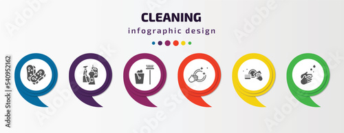 cleaning infographic template with icons and 6 step or option. cleaning icons such as scouring pads, cleaning products, dustpan cleanin, washing dishes, washing plate, washing hand vector. can be