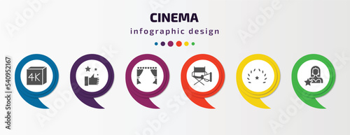 cinema infographic template with icons and 6 step or option. cinema icons such as 4k, thumb up with star, cinema curtains, film director, film award, actress vector. can be used for banner, info