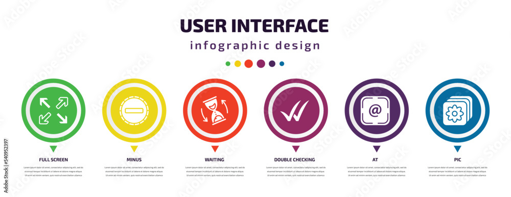 user interface infographic element with icons and 6 step or option. user interface icons such as full screen, minus, waiting, double checking, at, pic vector. can be used for banner, info graph, user interface infographic element with icons and 6 step or option. user interface icons such as full screen, minus, waiting, double checking, at, pic vector. can be used for banner, info graph,