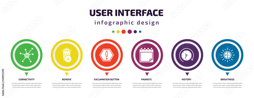 user interface infographic element with icons and 6 step or option. user interface icons such as connectivity, remove, exclamation button, padnote, history, brightness vector. can be used for user interface infographic element with icons and 6 step or option. user interface icons such as connectivity, remove, exclamation button, padnote, history, brightness vector. can be used for
