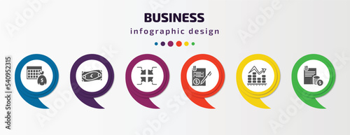 business infographic template with icons and 6 step or option. business icons such as economy games, euro bills, infographic elements, bailment, ascendant graph, stock dealing vector. can be used