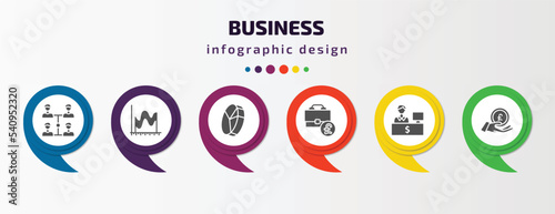 business infographic template with icons and 6 step or option. business icons such as increase team work, smooth line chart, quarter pie chart, pounds bag of business, bank teller, pound coin on
