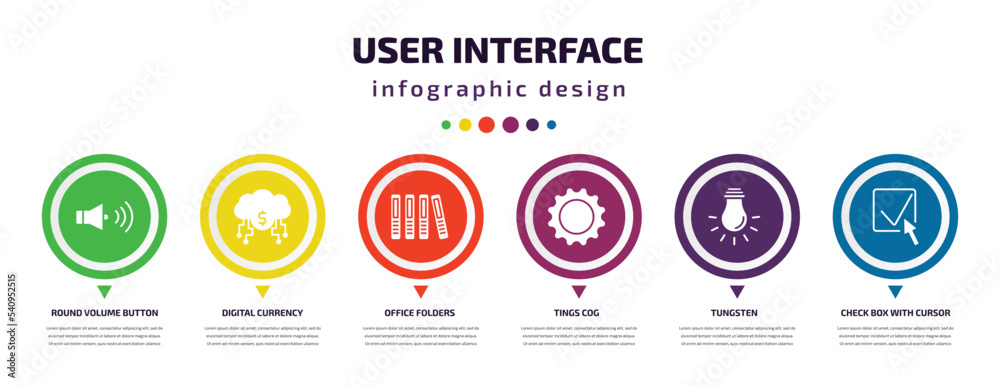 user interface infographic element with icons and 6 step or option. user interface icons such as round volume button, digital currency, office folders, tings cog, tungsten, check box with cursor user interface infographic element with icons and 6 step or option. user interface icons such as round volume button, digital currency, office folders, tings cog, tungsten, check box with cursor