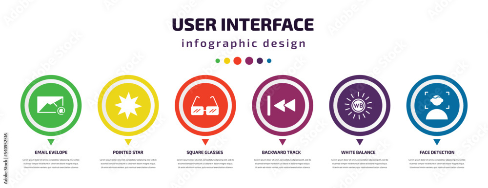 user interface infographic element with icons and 6 step or option. user interface icons such as email evelope, pointed star, square glasses, backward track, white balance, face detection vector. user interface infographic element with icons and 6 step or option. user interface icons such as email evelope, pointed star, square glasses, backward track, white balance, face detection vector.