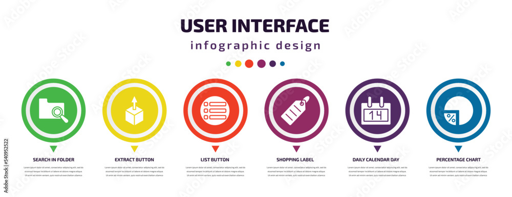 user interface infographic element with icons and 6 step or option. user interface icons such as search in folder, extract button, list button, shopping label, daily calendar day 14, percentage user interface infographic element with icons and 6 step or option. user interface icons such as search in folder, extract button, list button, shopping label, daily calendar day 14, percentage