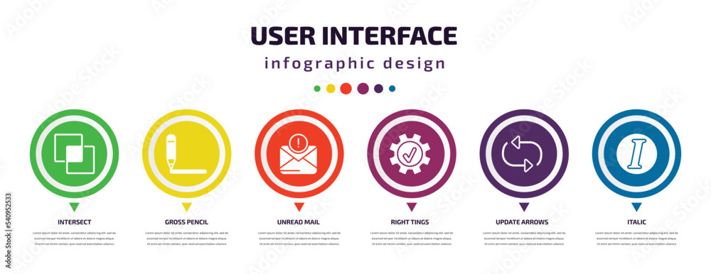 user interface infographic element with icons and 6 step or option. user interface icons such as intersect, gross pencil, unread mail, right tings, update arrows, italic vector. can be used for user interface infographic element with icons and 6 step or option. user interface icons such as intersect, gross pencil, unread mail, right tings, update arrows, italic vector. can be used for