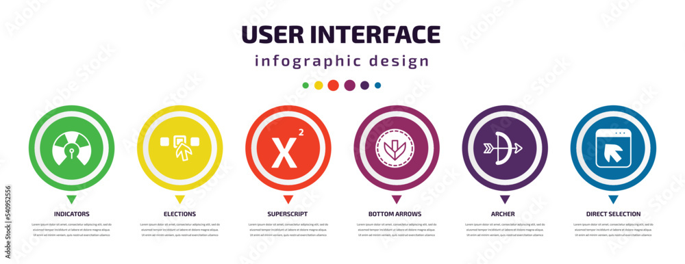 user interface infographic element with icons and 6 step or option. user interface icons such as indicators, elections, superscript, bottom arrows, archer, direct selection vector. can be used for user interface infographic element with icons and 6 step or option. user interface icons such as indicators, elections, superscript, bottom arrows, archer, direct selection vector. can be used for