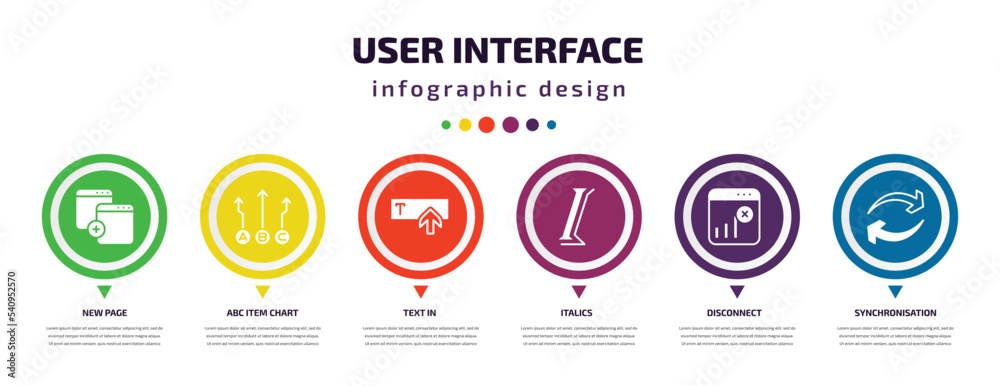 user interface infographic element with icons and 6 step or option. user interface icons such as new page, abc item chart, text in, italics, disconnect, synchronisation vector. can be used for user interface infographic element with icons and 6 step or option. user interface icons such as new page, abc item chart, text in, italics, disconnect, synchronisation vector. can be used for