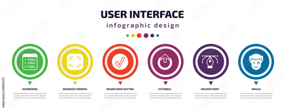 user interface infographic element with icons and 6 step or option. user interface icons such as numbering, rounded corners square, round done button, external, anchor point, smiles vector. can be user interface infographic element with icons and 6 step or option. user interface icons such as numbering, rounded corners square, round done button, external, anchor point, smiles vector. can be