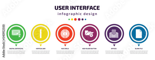 user interface infographic element with icons and 6 step or option. user interface icons such as digital certificate, vertical bar, hue circle, add folder button, offices, blank file vector. can be