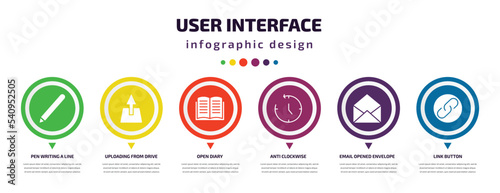 user interface infographic element with icons and 6 step or option. user interface icons such as pen writing a line, uploading from drive, open diary, anti clockwise, email opened envelope, link