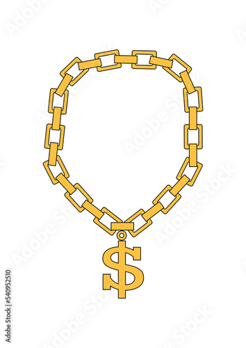 Gold chain with dollar-shaped medallion. Vector illustration of golden necklace
