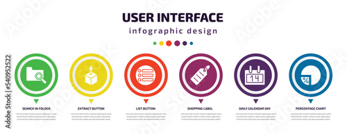 user interface infographic element with icons and 6 step or option. user interface icons such as search in folder, extract button, list button, shopping label, daily calendar day 14, percentage