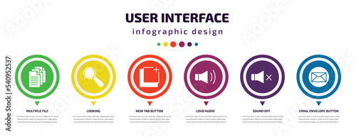 user interface infographic element with icons and 6 step or option. user interface icons such as multiple file, looking, new tab button, loud audio, sound off, email envelope button vector. can be