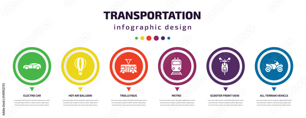 transportation infographic element with icons and 6 step or option. transportation icons such as electro car, hot air balloon, trolleybus, metro, scooter front view, all terrain vehicle vector. can transportation infographic element with icons and 6 step or option. transportation icons such as electro car, hot air balloon, trolleybus, metro, scooter front view, all terrain vehicle vector. can