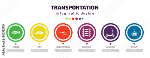 transportation infographic element with icons and 6 step or option. transportation icons such as dirigible, yacht, helicopter profile, railway line, kick scooter, chairlift vector. can be used for