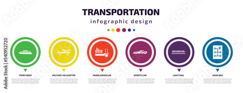 transportation infographic element with icons and 6 step or option. transportation icons such as ferry boat, military helicopter, paddlewheeler, sports car, light rail, gear box vector. can be used
