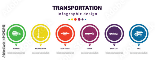 transportation infographic element with icons and 6 step or option. transportation icons such as zeppelin, micro scooter, hang glider, tanker, sport car, haul vector. can be used for banner, info
