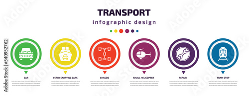 transport infographic element with icons and 6 step or option. transport icons such as car, ferry carrying cars, chassis, small helicopter, repair, tram stop vector. can be used for banner, info