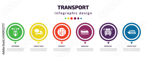 transport infographic element with icons and 6 step or option. transport icons such as motorbike, cement truck, gearshift, bobsleigh, prison bus, luxury yacht vector. can be used for banner, info