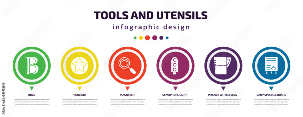 tools and utensils infographic element with icons and 6 step or option. tools and utensils icons such as bold, highlight, magnifier, semaphore light, pitcher with levels, daily specials board