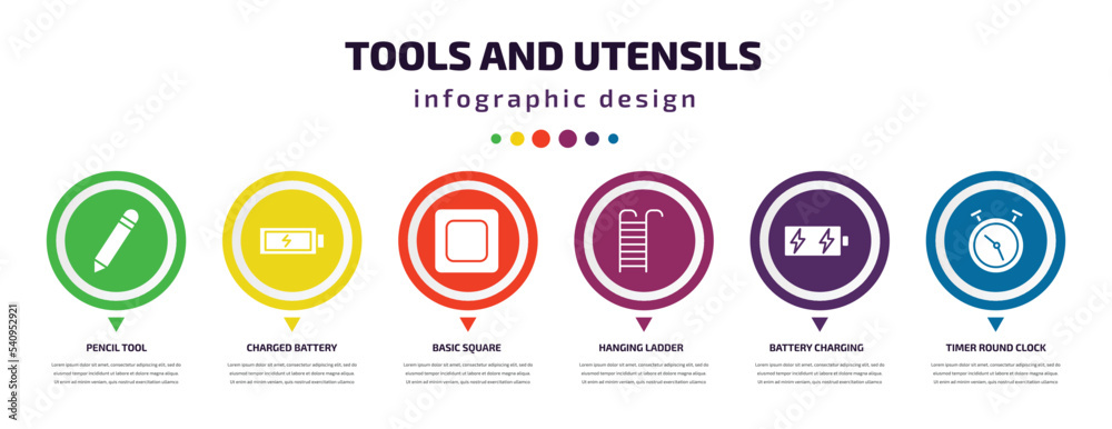 tools and utensils infographic element with icons and 6 step or option. tools and utensils icons such as pencil tool, charged battery, basic square, hanging ladder, battery charging, timer round tools and utensils infographic element with icons and 6 step or option. tools and utensils icons such as pencil tool, charged battery, basic square, hanging ladder, battery charging, timer round