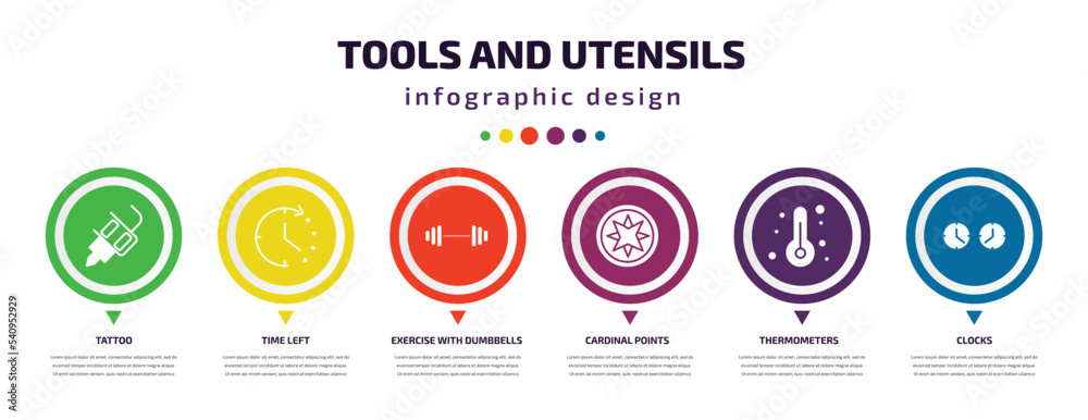 tools and utensils infographic element with icons and 6 step or option. tools and utensils icons such as tattoo, time left, exercise with dumbbells, cardinal points, thermometers, clocks vector. can tools and utensils infographic element with icons and 6 step or option. tools and utensils icons such as tattoo, time left, exercise with dumbbells, cardinal points, thermometers, clocks vector. can