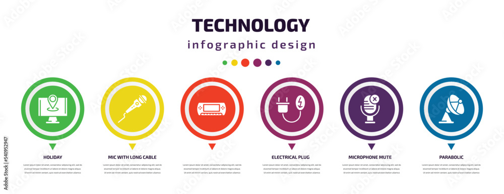 technology infographic element with icons and 6 step or option. technology icons such as holiday, mic with long cable, , electrical plug, microphone mute, parabolic vector. can be used for banner, technology infographic element with icons and 6 step or option. technology icons such as holiday, mic with long cable, , electrical plug, microphone mute, parabolic vector. can be used for banner,