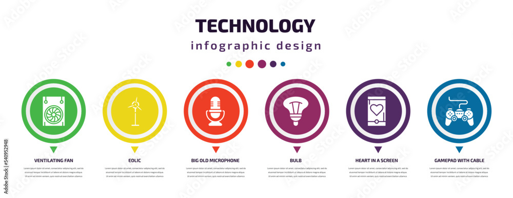 technology infographic element with icons and 6 step or option. technology icons such as ventilating fan, eolic, big old microphone, bulb, heart in a screen, gamepad with cable vector. can be used technology infographic element with icons and 6 step or option. technology icons such as ventilating fan, eolic, big old microphone, bulb, heart in a screen, gamepad with cable vector. can be used